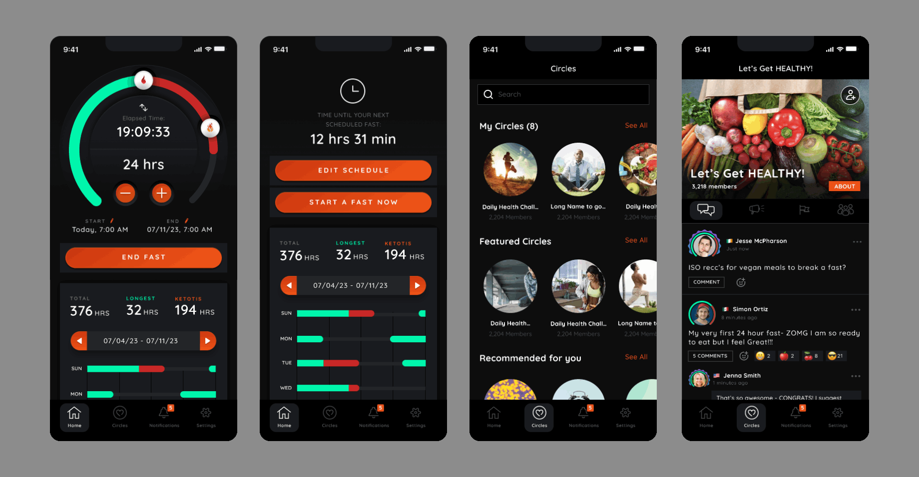LIFE app screens in light and dark themes